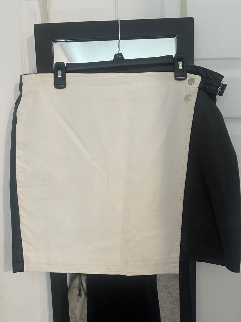Faux Leather Two-Tone Black & Cream Mini Skirt with Snap Detail